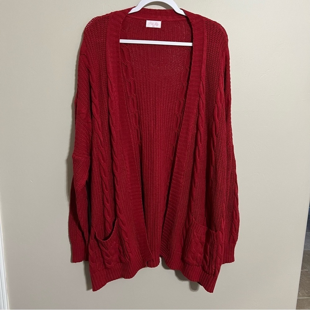 Pink Lily Cozy Red Oversized Cable Knit Open Front Long Cardigan size M/L